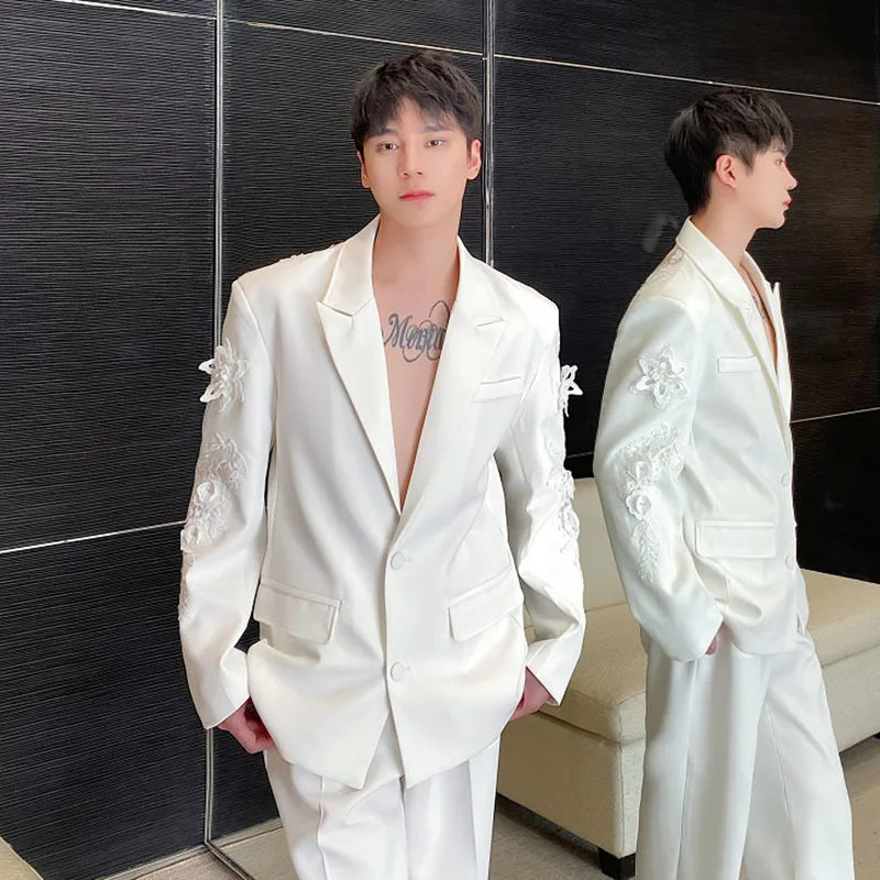 IEFB 2024 New Fashion Men's Set Single Breasted Embroidery Perspective Suit Jacket Suit Pants Temperament Male Two-piece  9C5193