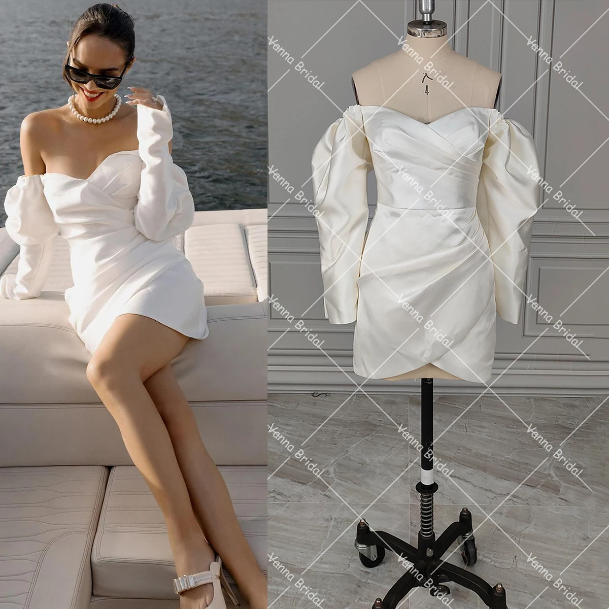 Off-the-Shoulder Sleek Woven Satin Mini Bridal Shower Gowns Hidden Zipper Customized Fitted Long Shirred Sleeves Bridal Gowns