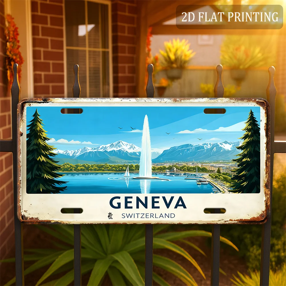 Vintage Geneva Swiss Aluminum Sign 12x6 Inch Retro Metal Poster Weatherproof Outdoor Garden Wall Decor Lake View Travel Souvenir