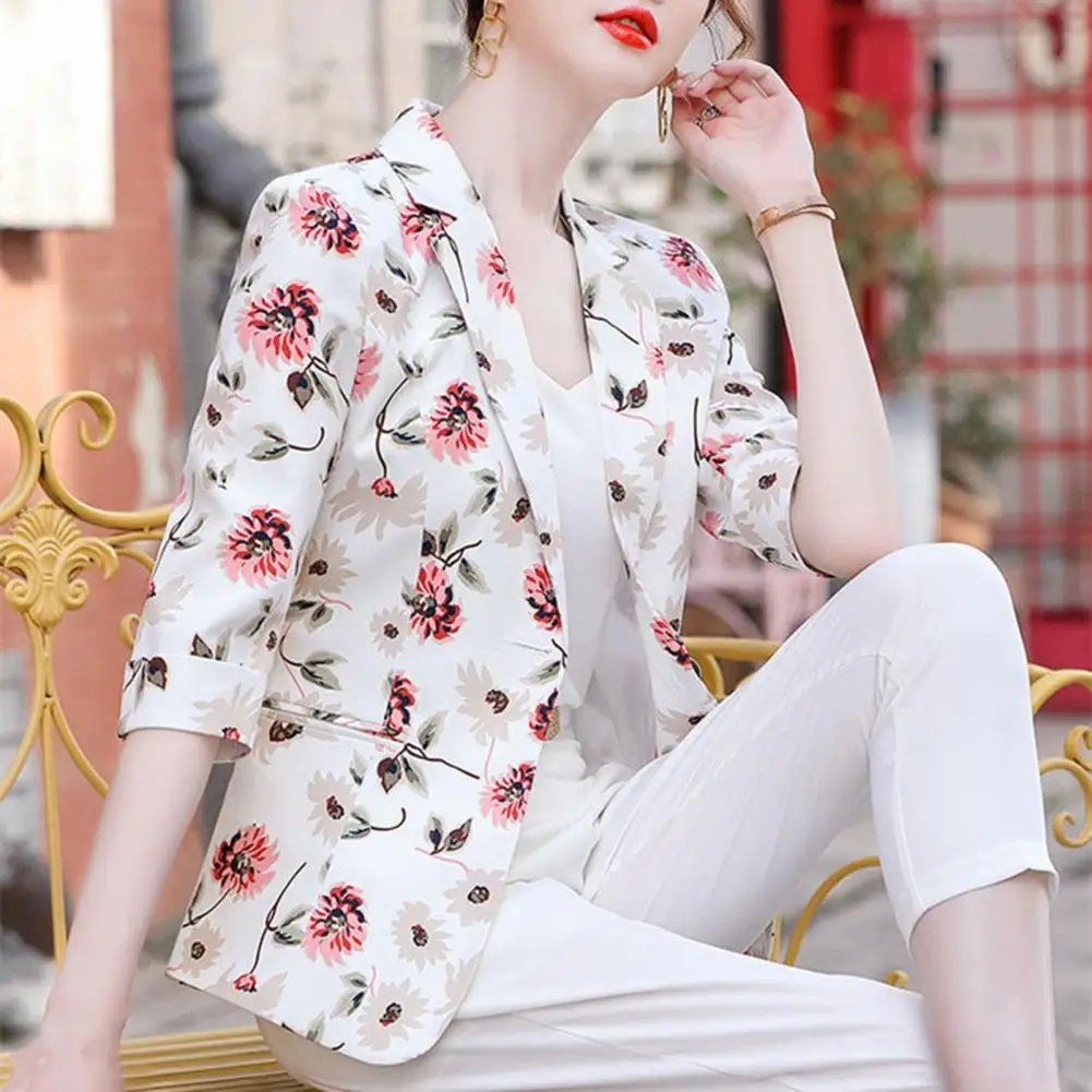 Women Blazer Flower Printing Lapel Three Quarter Sleeves Straight Single Button Warm Slim Business Women Autumn Coat for Work