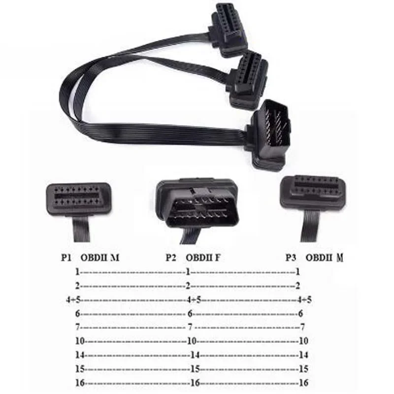 Dual Female Y Splitter Elbow 16Pin OBD 2 Extender ODB OBD2 Cable 16 Pin Male To Female Flat Noodle OBD II Extension Connector