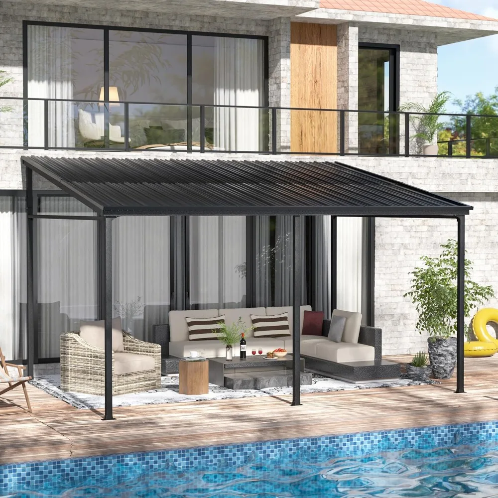 

10x14 foot hardtop wall mounted all metal roof pavilion, outdoor pergola with iron frame and drainage holes