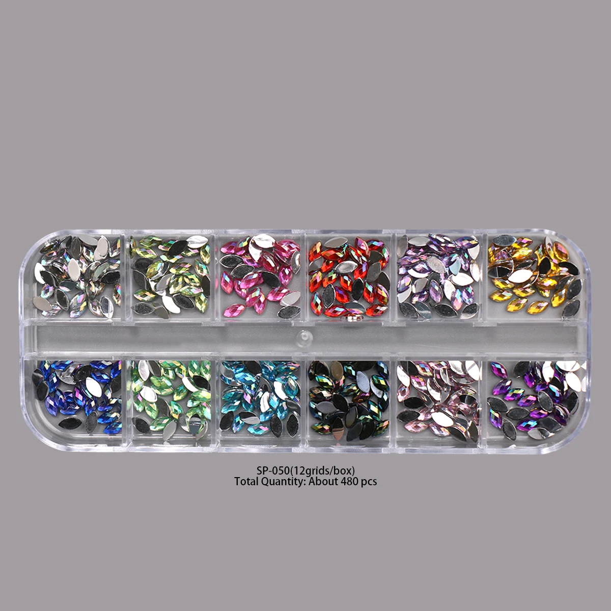 12Compartments Horse Eye Nail Stones Multi Color AB Flatback Glass Crystals Gems for Spring Summer Party Manicure Art Decoration