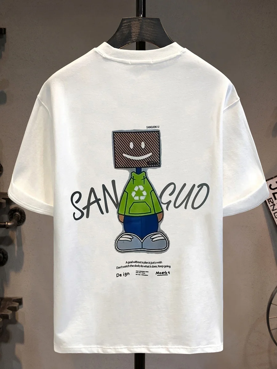 

Summer Fun Cartoon Print Cotton T-irt Men's Loose Casual round Ne ort Sve Youth Versatile Teen Student Leisure Wear