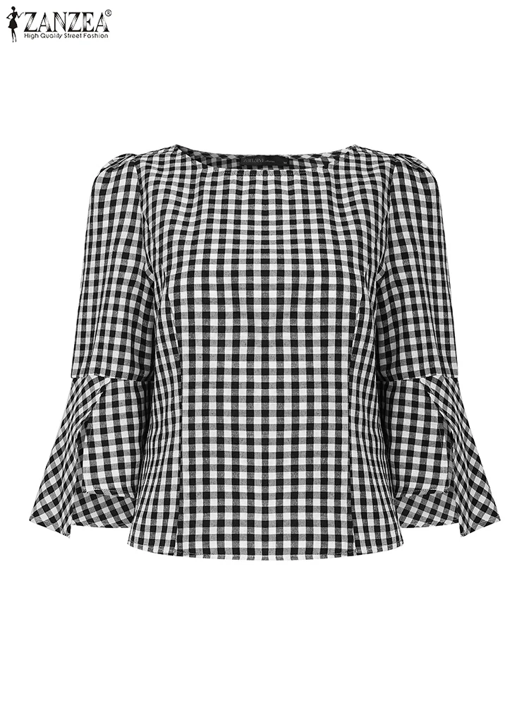 ZANZEA 2025 Spring Blouse Women Plaid Pullover Split 3/4 Flare Sleeve Tops Casual OL Work Tunic Fashion Oversized Loose Tops