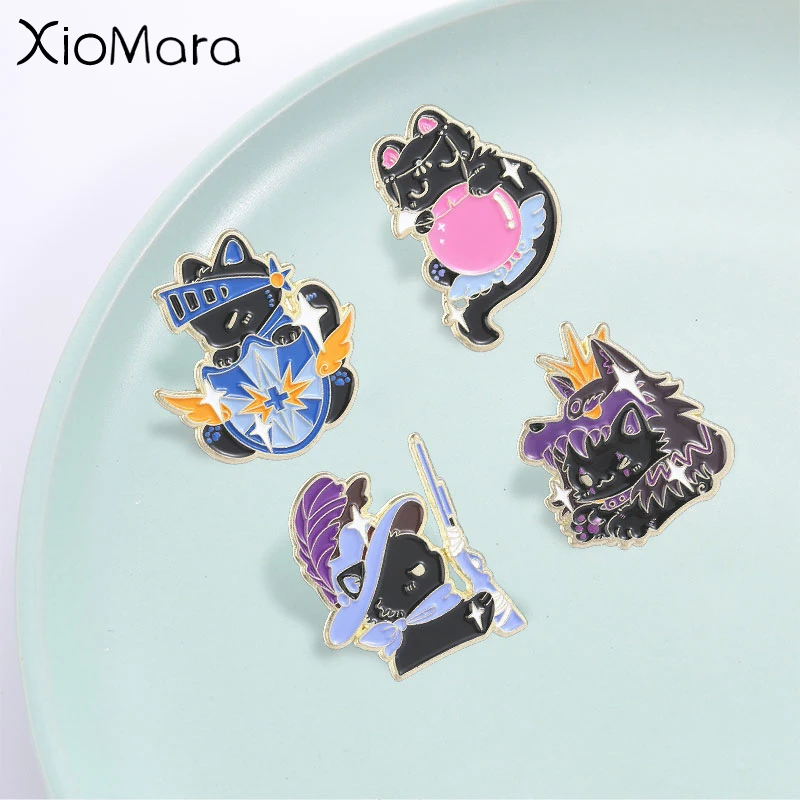 Fantasy Black Cat Enamel Pin,Cute Witch,Cowboy Dragon and Knight Fantasy Character Badge,Fashion Accessory,Gift for Cat Lovers