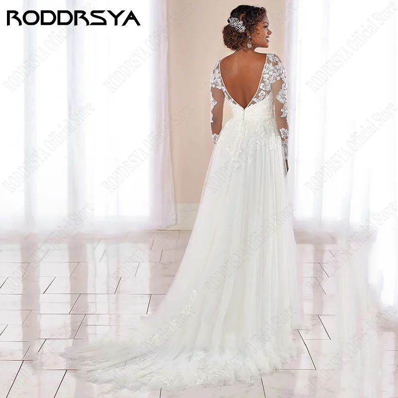 RODDRSYA Boho abito da sposa 2023 pizzo maniche lunghe Vestidos De Novia Backless Tulle Appliques abito da sposa su misura Plus Size Abito da sposa 2023 pizzi maniche lunghe vestiboli De Novia posteriore Tulle applicaz