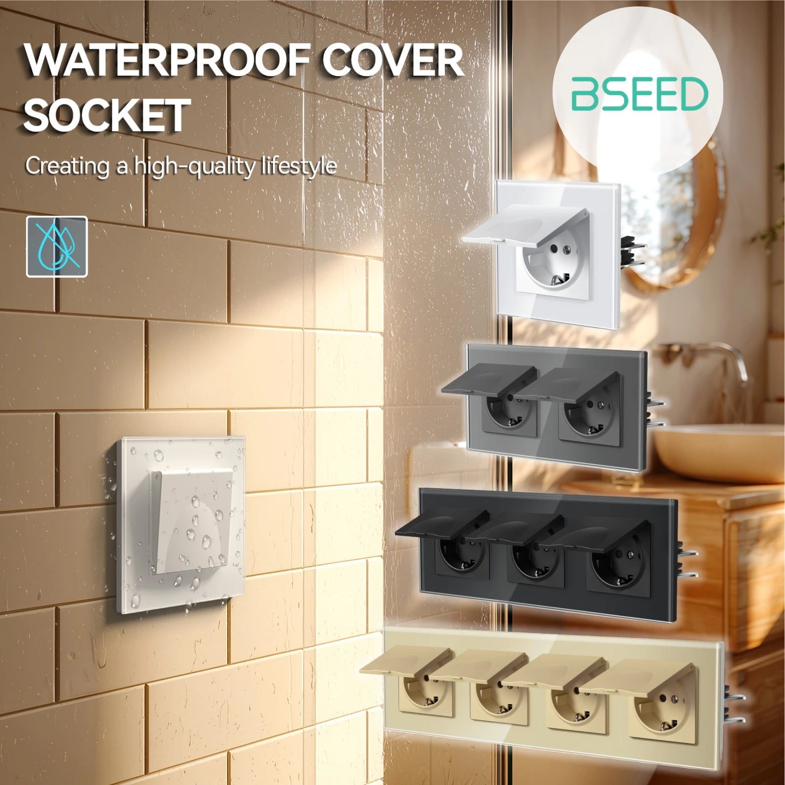 

Стандартная настенная электрическая розетка BSEED ЕС с крышкой, 16А, розетки для ванной комнаты, уличная розетка, водонепроницаемые стеклянные панели серии E
