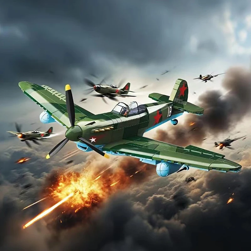 WWII Sowjet-Deutscher Propeller Kampfflugzeug Bausteine Set BF109-4 & Yak-1B & La-7 Flugzeugmodelle Ziegel Kinderspielzeug Geschenke