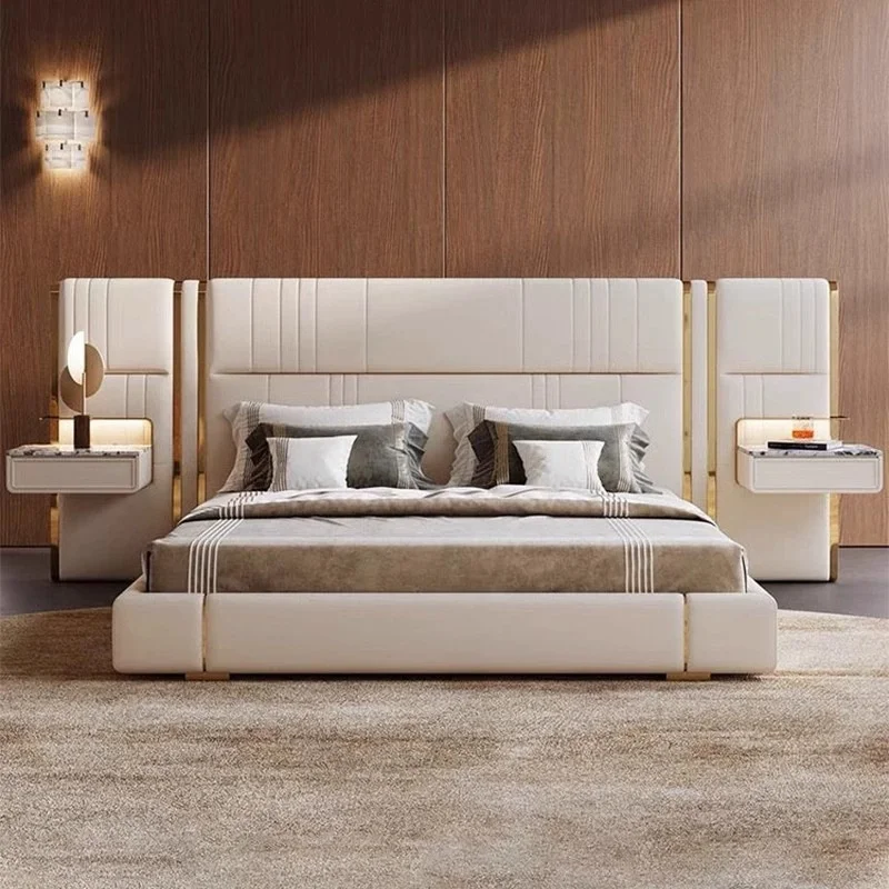 #Modern Luxury Bedroom Furniture Solid Wood Bed Extend Headboard Leather Soft Bed Frame With Nightstand