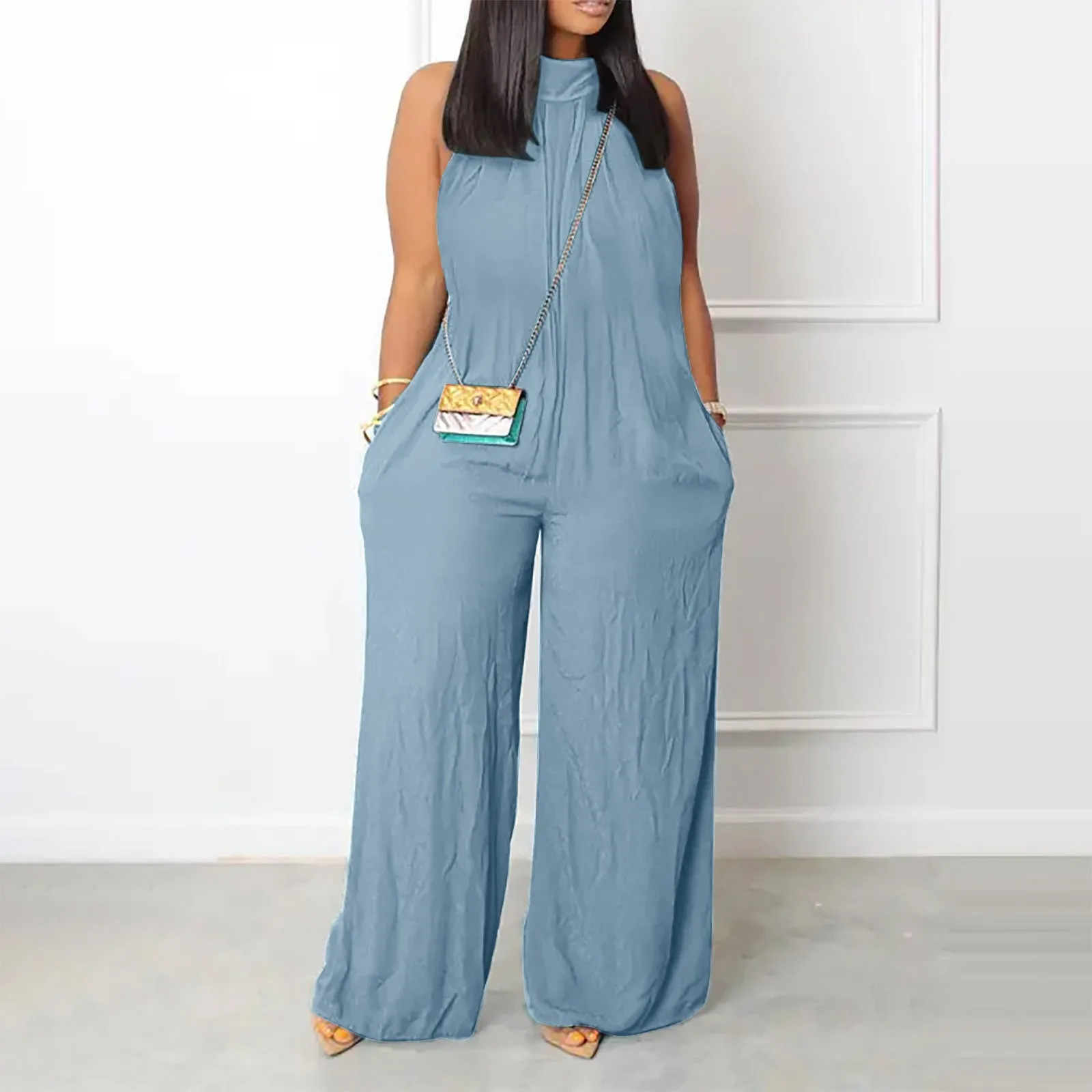 Women Summer Casual Jumpsuit Sleeveless Loose Wide Leg Rompers With Pocket Elegant Overalls Homewear One Piece Outfit Clothes