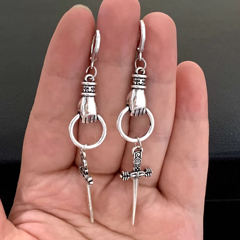 Hand or Moon Sword Earrings - Sword Earrings - Crescent Moon Earrings - Mystic Jewelry - Weird Earrings - Goth Earrings