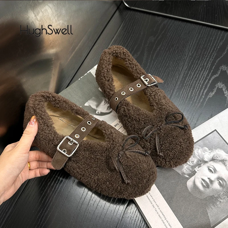 Luxury Buckle Strap Lambswool Ballet Flats Woman Brand Design Round Toe Bowknot Fur Mary Jane Shoes Ladies Fluffy Plush Loafers