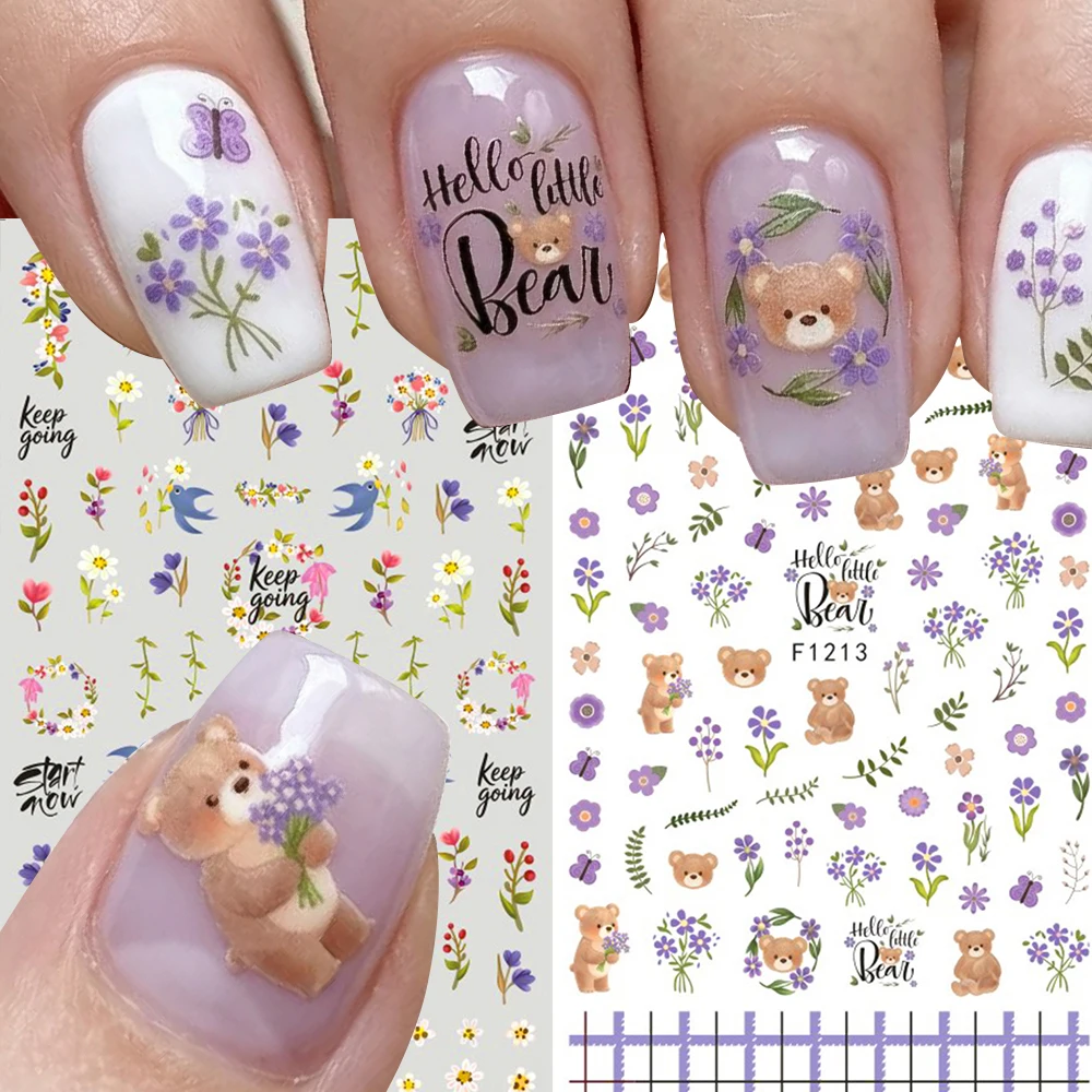 2 Stück Frühlings-Blumen 3D Nagelaufkleber Aquarell Kirsche Lavendel Bären Hasen Niedliche Nagelsticker DIY Dekorationen Nagelzubehör