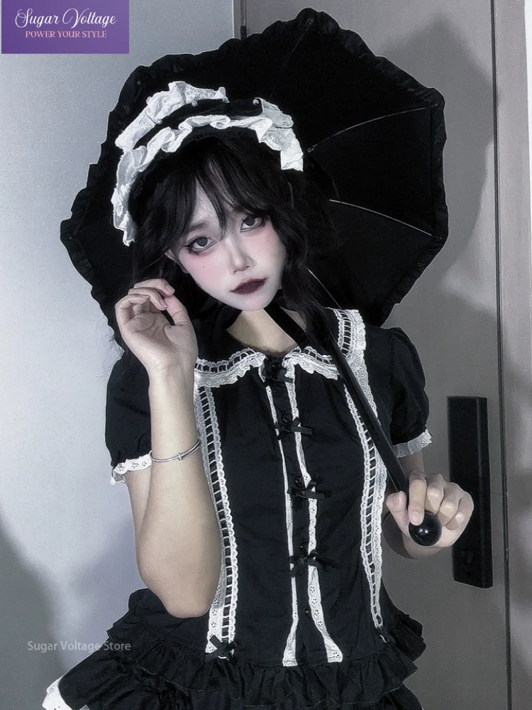 Summer Japanese Lolita Sweet Girls Short-sleeved Tops Women Goth Lace Bow Shirt Single-breasted Blouse Doll Collar Slim Tees New