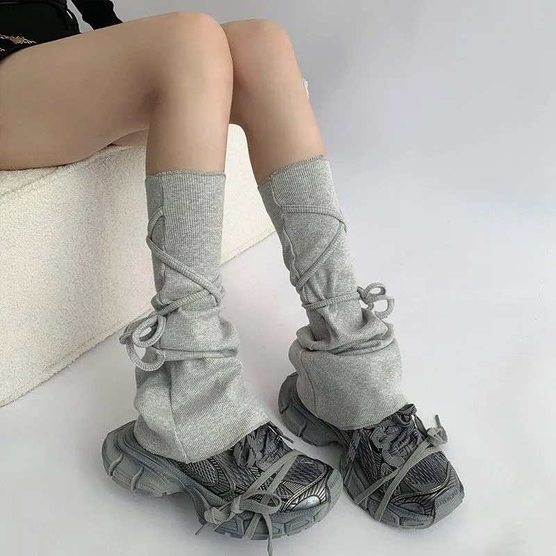 Neploe Fashion All-match Gray Lace Up Women's Socks 2024 Summer New Knitted Leg Warmers Y2k Harajuku Jk Foot Warming Cover