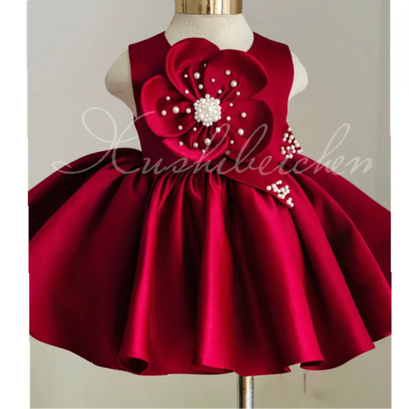 New Girls Satin Birthday Party Princess ball Gown Children Cute Bow Design Host Dress y1813
