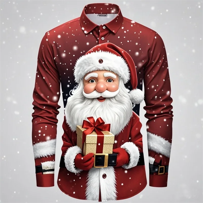 2024 Santa Claus Pattern Casual Men's Shirts Full Print Turndown Long Sleeve Oversized Shirts Blouse New In Button Up Tee Shirt