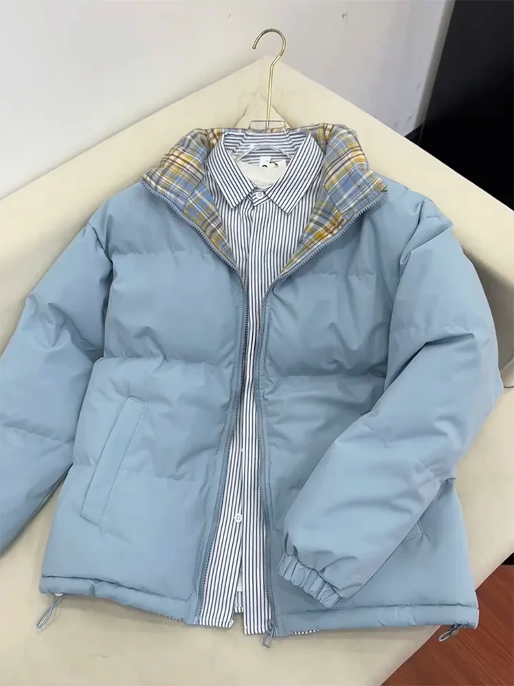 

Thiened Plaid Splicing Jaet Cotton Coat Men's Winter Warm Stand Collar Couple's Bread Sle Outerwear American Casual