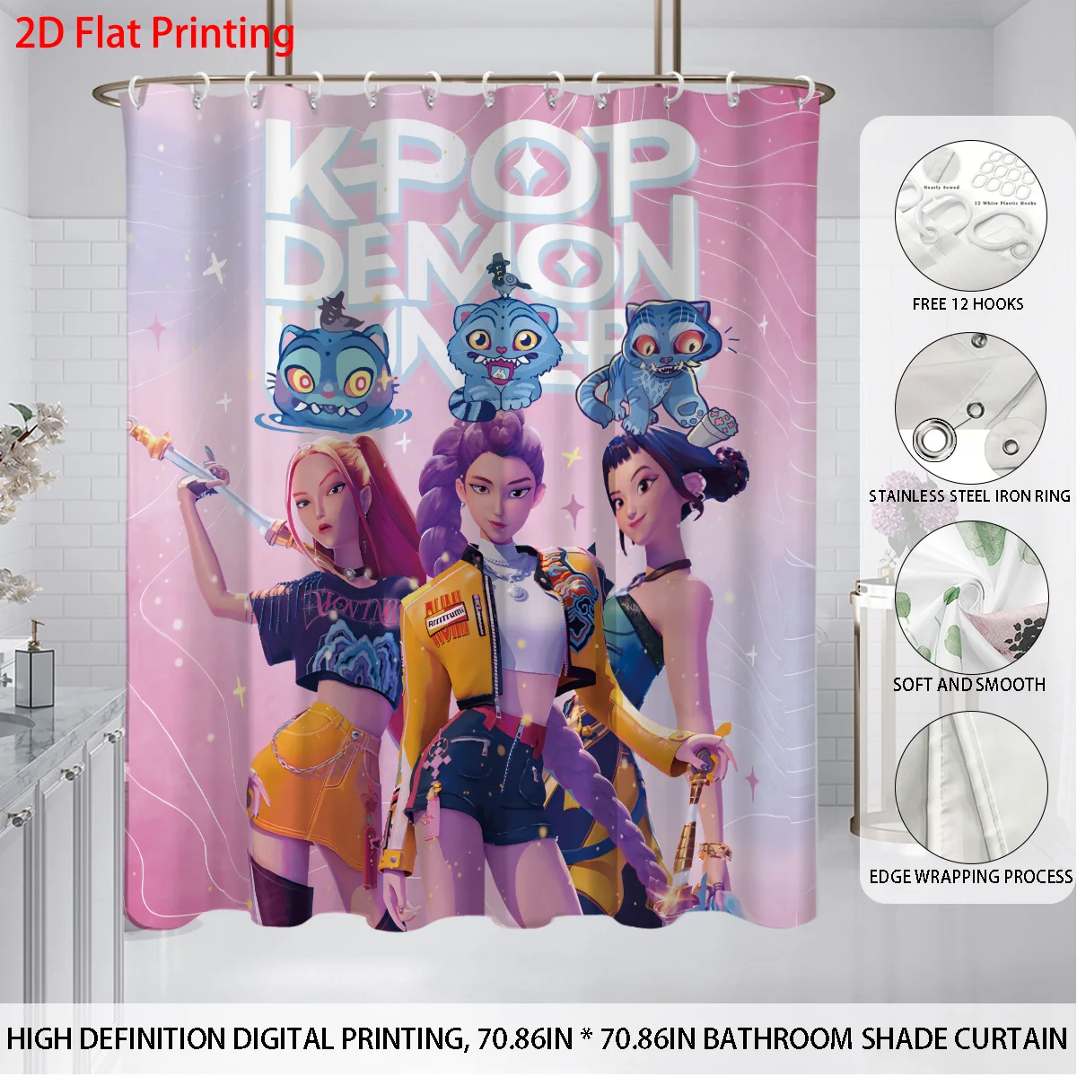 

4pcs K-Pop Demon Hunters print bathroom set 180x180 waterproof shower curtain 12 hooks floor mat, toilet seat, U-shaped pad