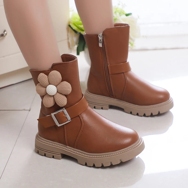 Sweet Princess Boots Flowers Cute Buckle Fashion Kids Shoes Side Zipper Children Casual Shoes PU 2023 New Brown Beige Elegant