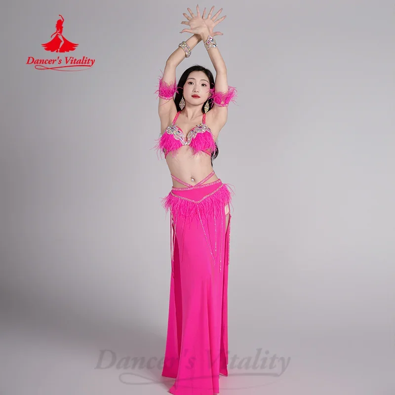 Kostium BellyDance dla kobiet dostosowany luksusowy biustonosz ze strasami + długa spódnica z frędzlami z piór 2 szt. Strój do tańca orientalnego