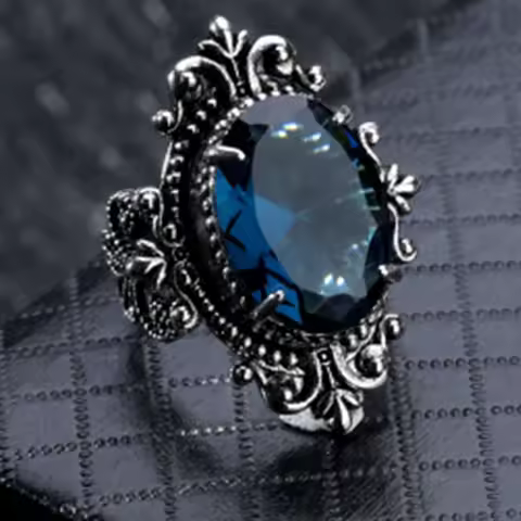 Classic Sea Blue Crystal Ring For Women European and American Vintage Thai Silver Color Oval Hand Jewelry Accessories