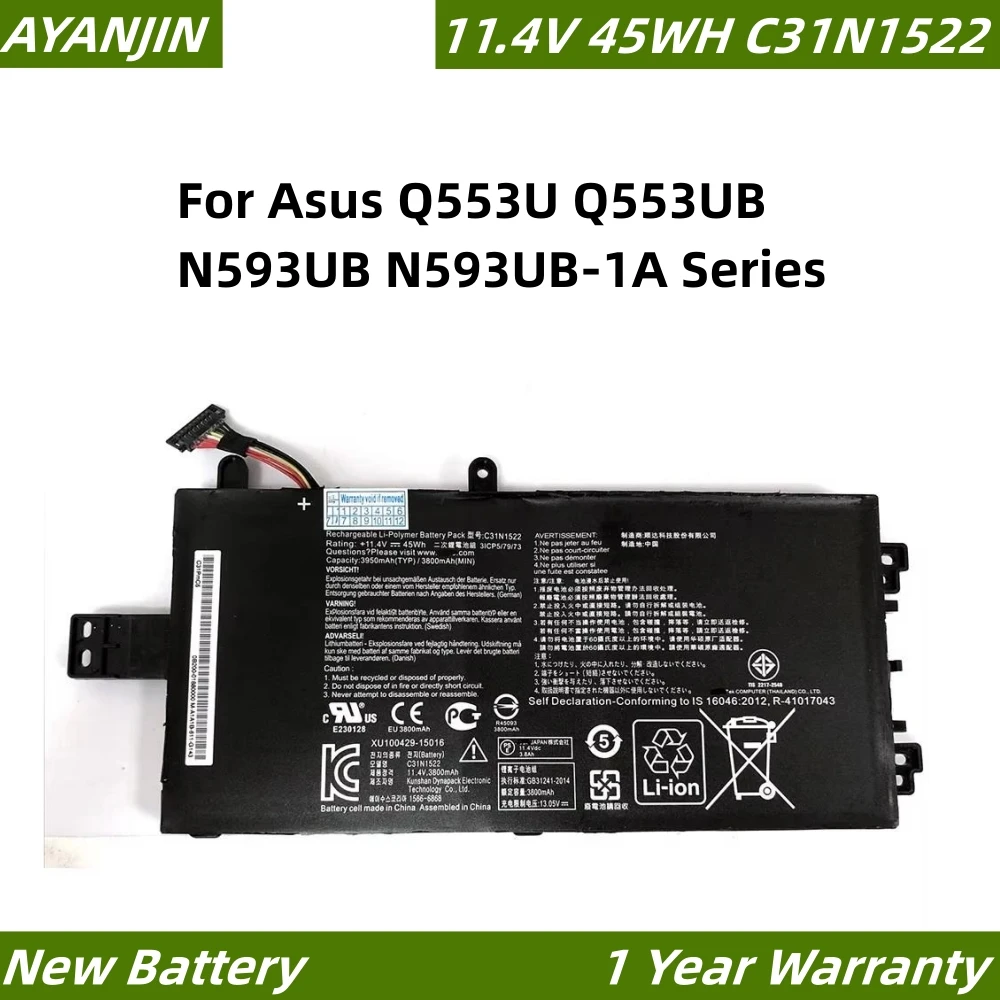 C31N1522 11.4V 45Wh Laptop Battery for Asus Q553U Q553UB N593UB N593UB-1A Series 3ICP5/79/73