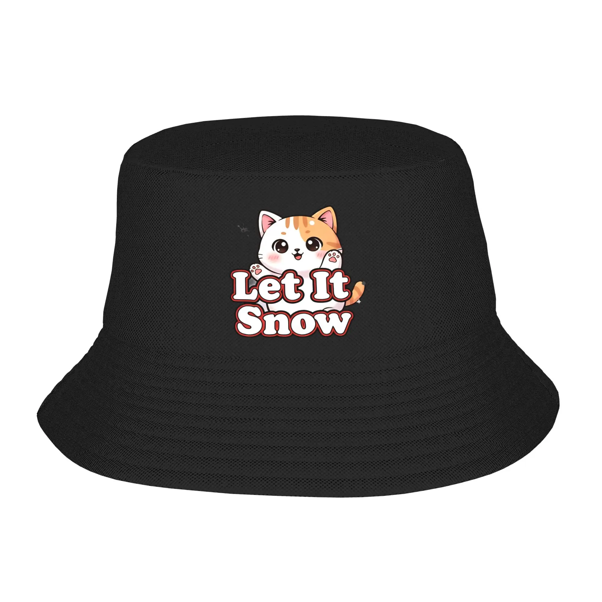 Unisex Let It Snow Cute Cat Bucket Hat  Soft Fold Fisherman Hats Spring Fashion Hunting Caps Outdoor Custom DIY Visor Hat