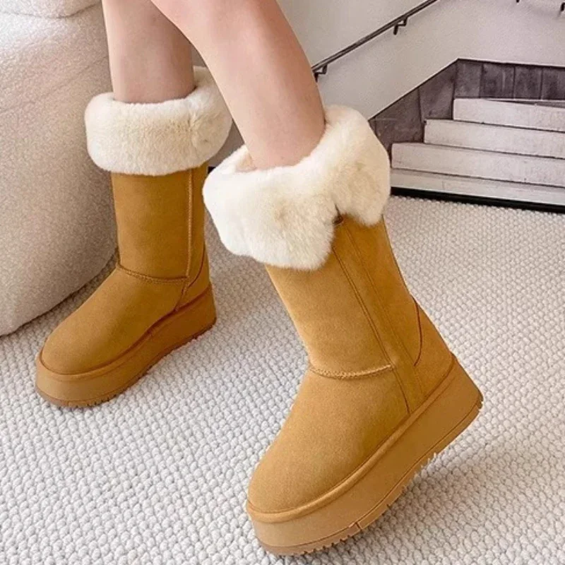 2023 New Women\'s Shoes Slip on Women\'s Boots Winter Round Toe Solid Flock Plush Warm Mid Heel Water Proof Concise Snow Boots