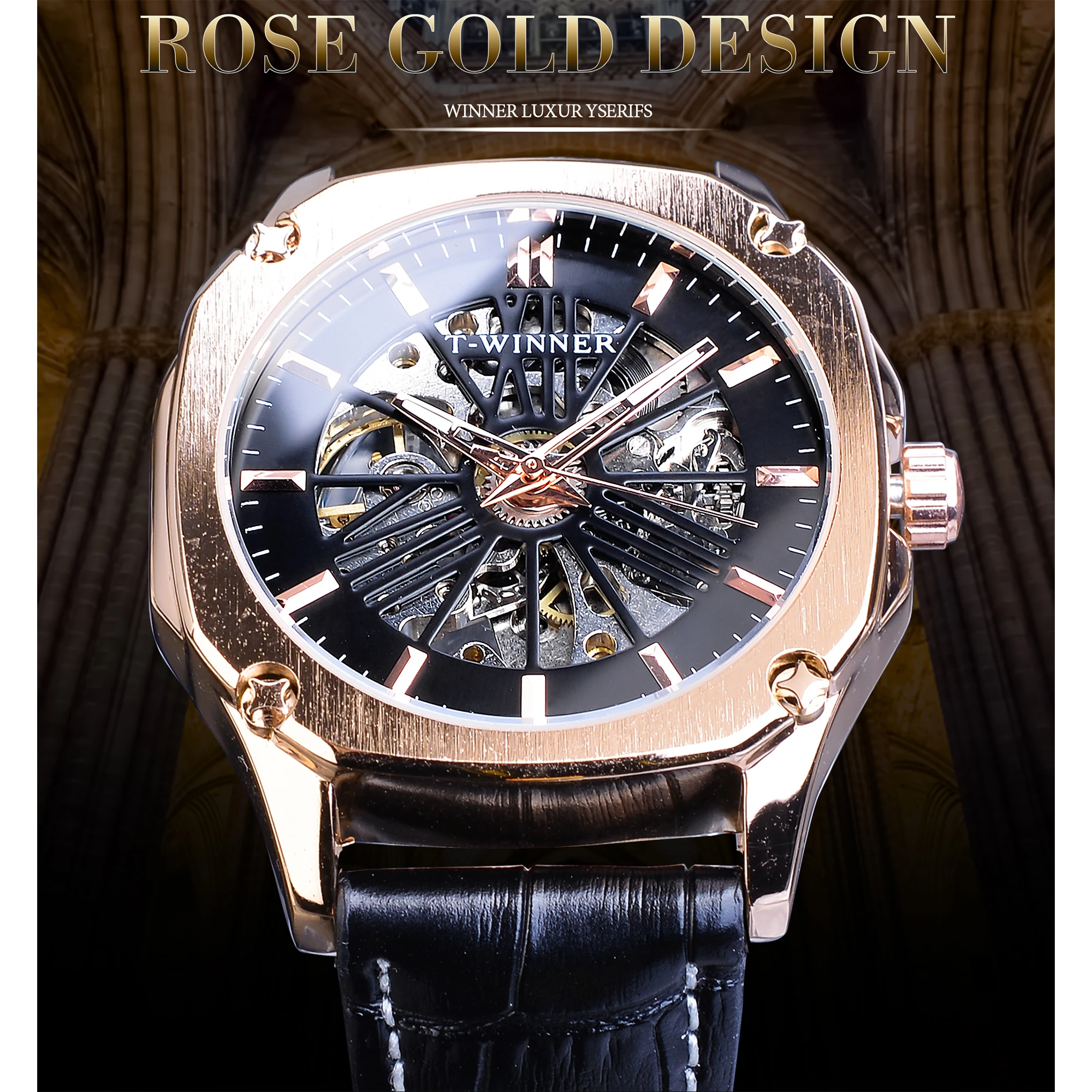 Fashion Winner Top Brand Mens Automatic Rose Golden Hollow Skeleton Leather Male Business Mechanical Clock Dropship Watch