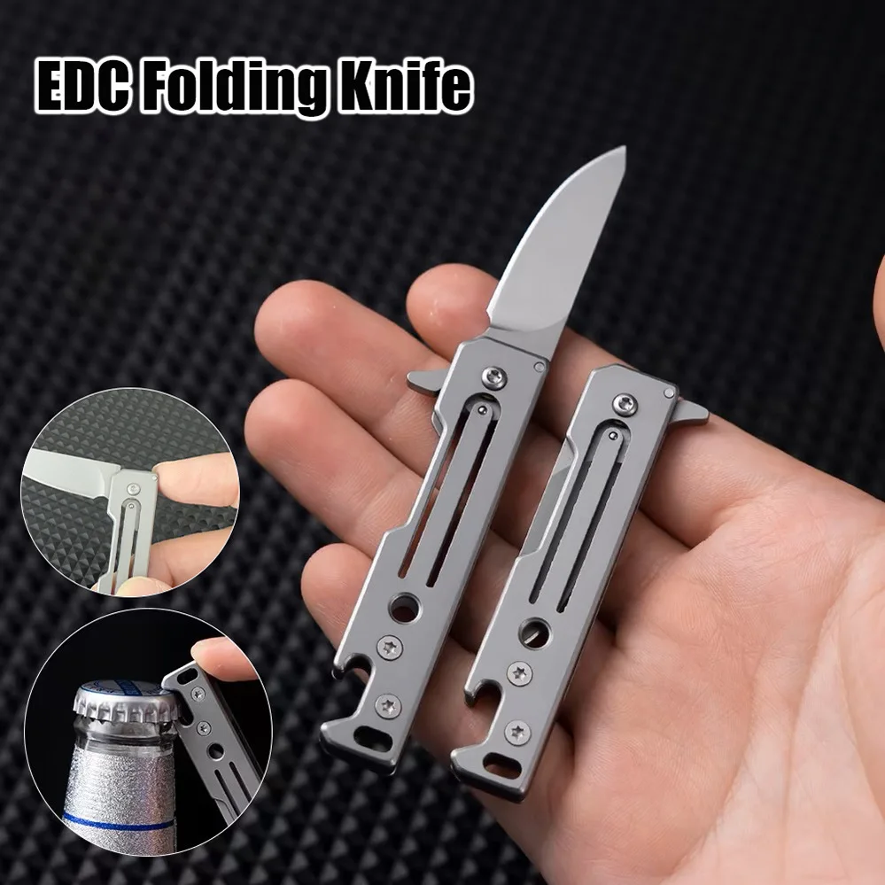 Portable Mini EDC Folding Knife Titanium Handle Multitool With Bottle Opener Keychain Pocket Cutter For Camping Package Opening