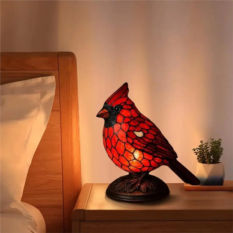 A59Z-لغرفة المعيشة بجانب السرير لغرفة النوم ديكور المنزل بطارية تعمل بالطاقة اليدوية الزجاج الملون مصابيح الطيور-تصميم الكاردينال