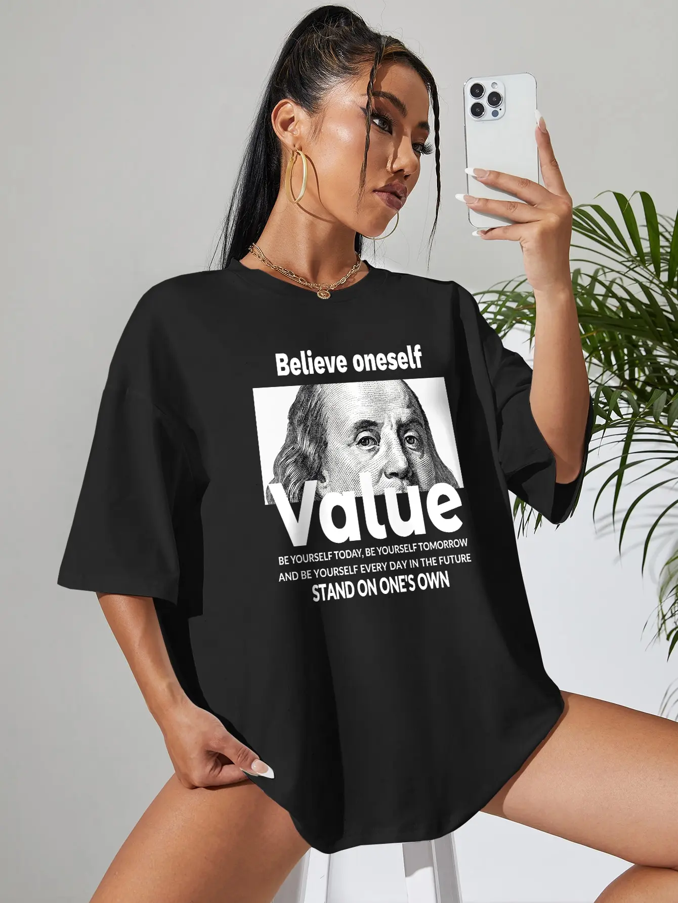 Camiseta de algodón con mensaje "Believe self Value", Camiseta holgada Original Hipster Essential, ropa deportiva Hipster