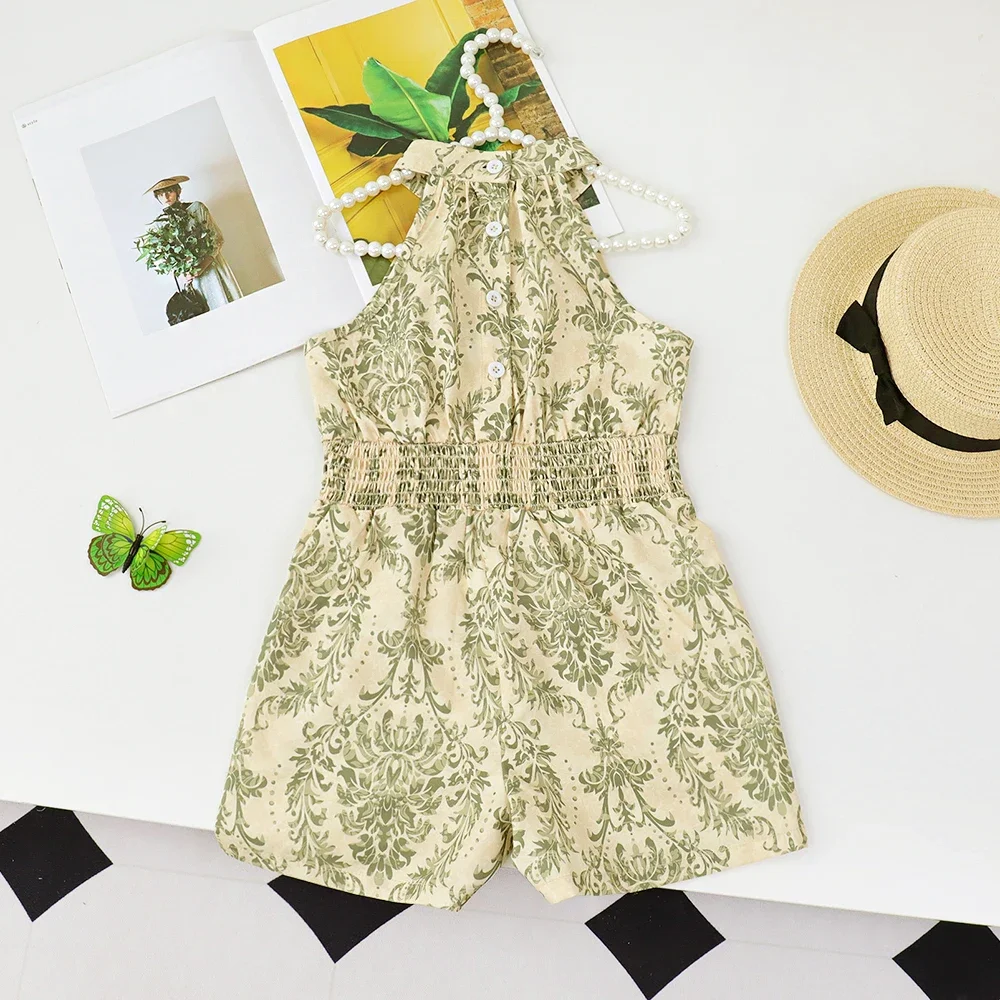 Summer Girls Clothes Sleeveless Elastic Waist Girls Jumpsuits Printed Hanging Neck Rompers One Piece Sets Kids Fashion Clothes