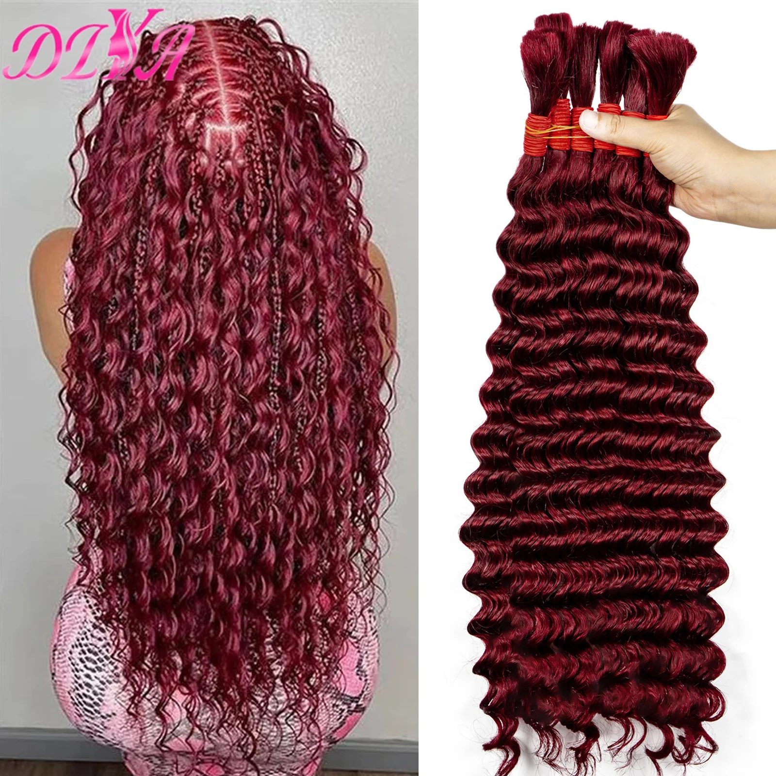 Human Hair Bulk for Boho Braiding 16 20 28 Inches Burgundy Deep Wave Virgin Hair Extension Braids No weft Hair Bulk Extensions