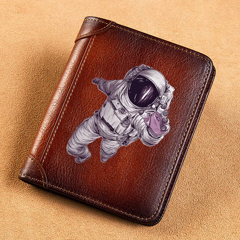 

Fashion The Great Taikonaut Printing Genuine Leather Wallets for Men Rfid Thin Short ID Credit Card Holder Women Money Bag