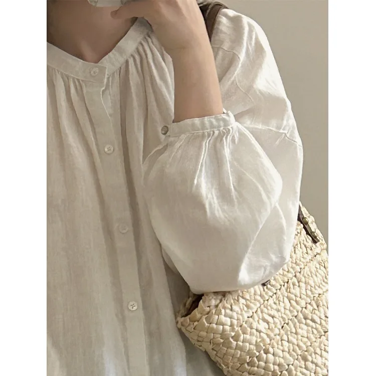 ルーズフィットリネンシャツレディースカジュアルスタイル長袖スタンドカラートップ快適な風通しの良い通勤ファッションエレガントな感覚