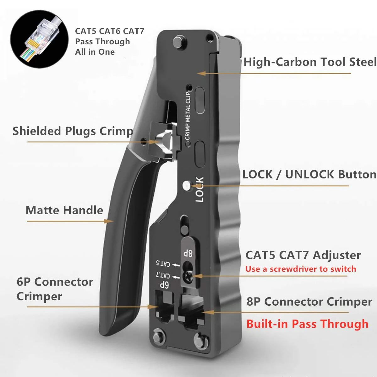 ZoeRax [Cat5 Cat6 Cat7 Pass Through Crimper] for RJ45 RJ12 RJ11 Network Connectors Modular Plugs Ethernet Cables EZ Crimp Tool