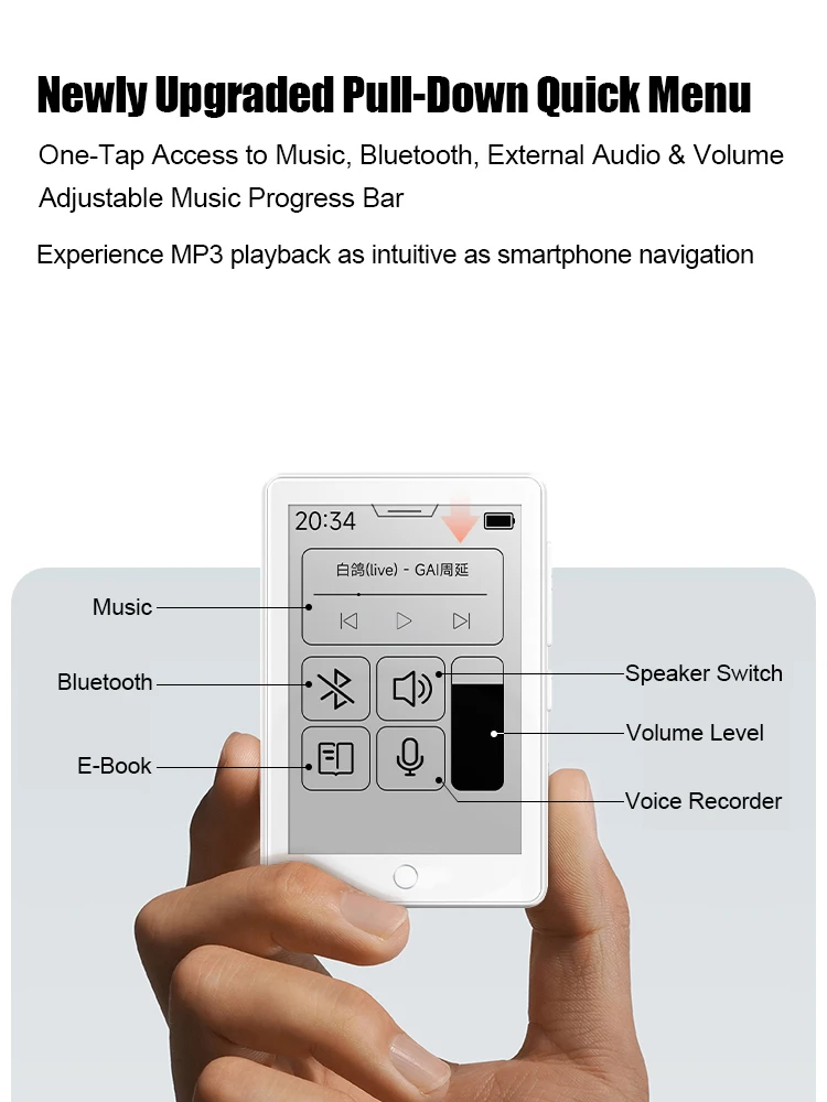 Famue 2.7 Inch E-ink Screen MP3 Player 64GB Mini E-book Reader No Blue Light Eye-Friendly Student Classroom Meeting Recording