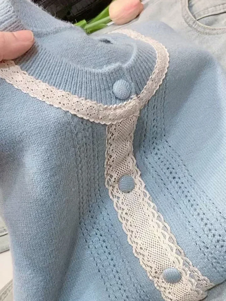 フレンチスタイルレーススプライスセーター秋冬Oネック長袖ニットカーディガン女性2025新作透かし編みゆったり万能トップス