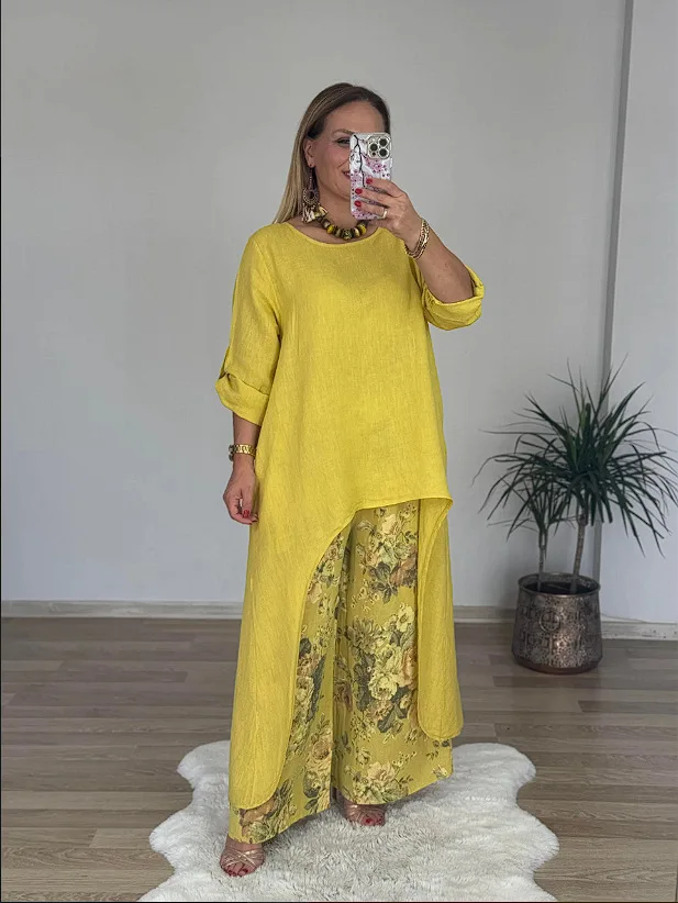 

Casual Two Piece Set Loose O-neck Long Sleeve Irregular Solid Color Extended Top Printed Wide Leg Pants Suit Fashion Commuting