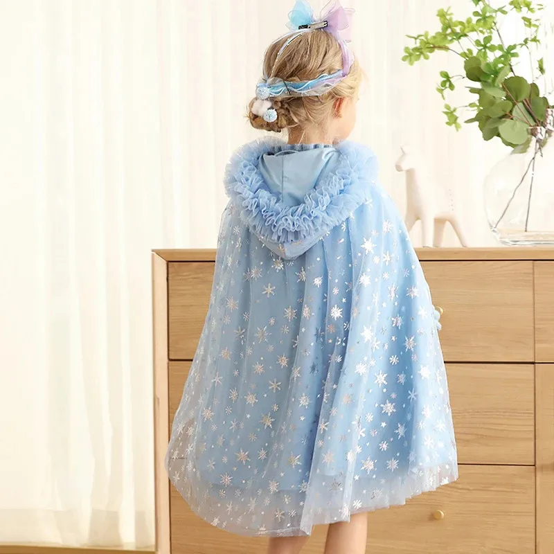 

Cosplay Princess Cloak for Kids Mermaid Fairy Queen Mesh Cape Girl Ice Snow Snowflake Elf Halloween Costume Children Christmas