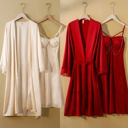 2 Pieces Nightdress Women Robe Set Elegant Lace Trim Sleepwear Sexy Kimono Bath Gown Suspender Nightgown Lingerie Satin Homewear