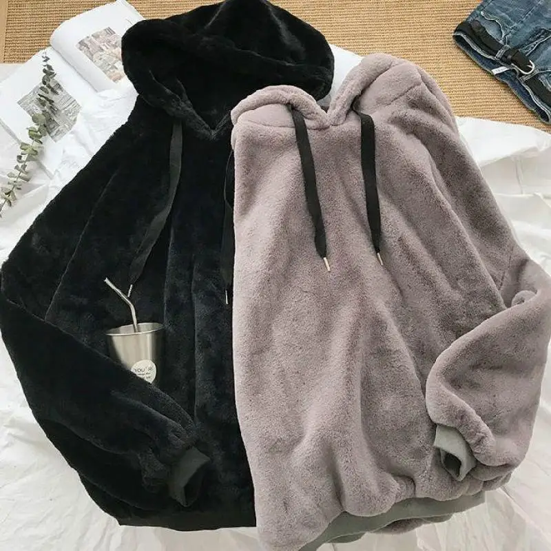 Loose Hoodies Woman Sweatshirt Casual Flannel Solid Pullover Autumn Winter Coat Y2k Fleece-lined Thicken Hooded Warm Soft Jacket