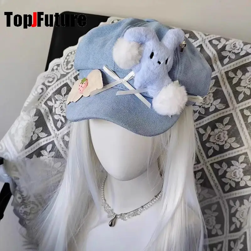 Wholesale Custom Make Customized Women Harajuku Gothic Lolita Beret hat Cap Y2K Girl Plush rabbit Angel wings bow blue Sun hats