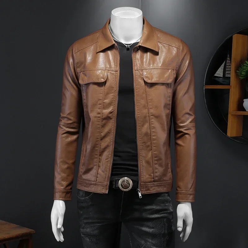 

Men's Jacket Spring and Autumn Handsome Solid Color Collar Motorcycle Leather Coat Slim Fashion Leather Jacket Large M-6XL