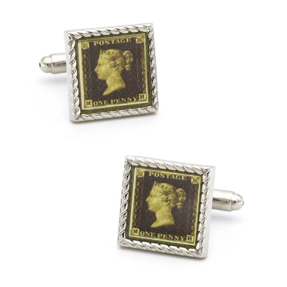 Vintage Black Penny Stamp Design Replica Cufflinks Queen Victoria Stamp Cufflinks Business Formal French Shirt Cuff Buckle