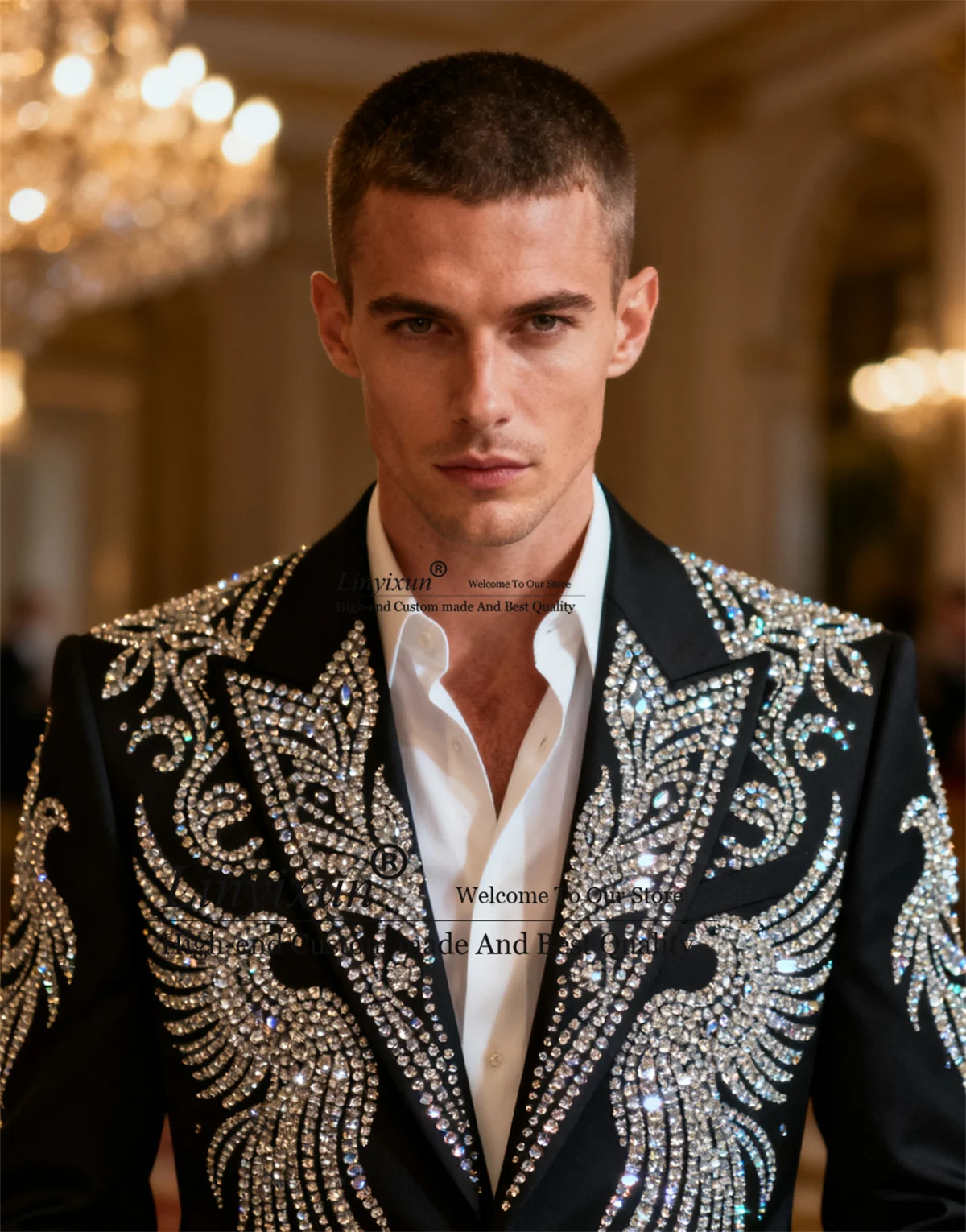

Glitter Rhinestones Diamond Men Suits 2 Piece Sets Male Prom Blazers Slim Fit Customized Wedding Groom Tuxedos Costume Homme