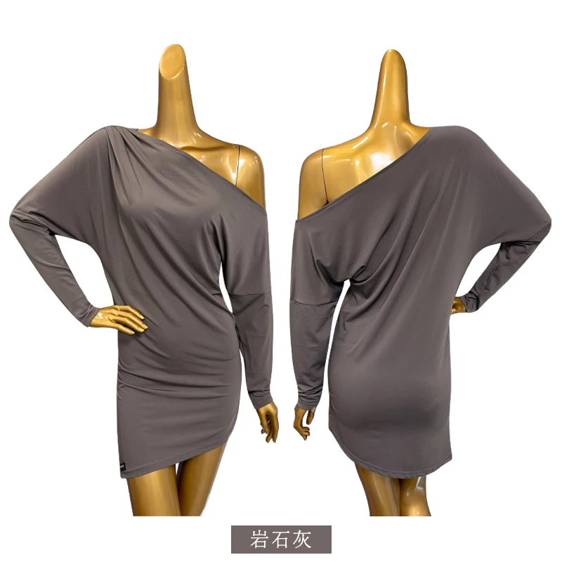 2023 neue Latin Dance Kleid Für Frauen Lange Ärmeln Schräge Schultern Lose Fit Kleid Chacha Rumba Tango Praxis Kleidung DQS21035